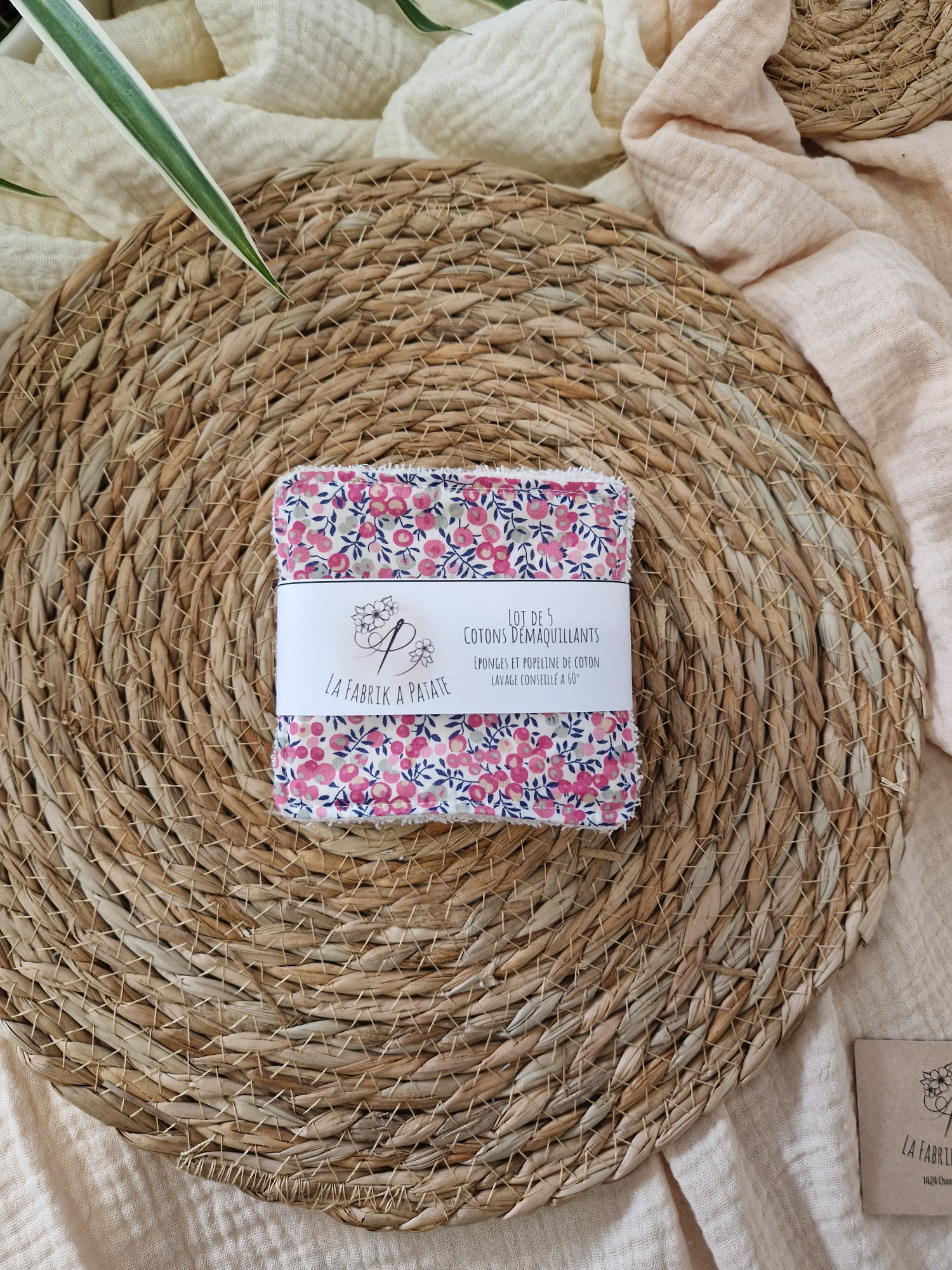 Lot de 5 lingettes en coton au motif Baie Rose